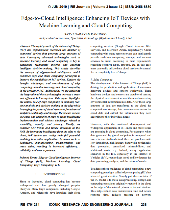 Article: Edge-to-Cloud Intelligence: Enhancing IoT Devices with Machine Learning and Cloud Computing