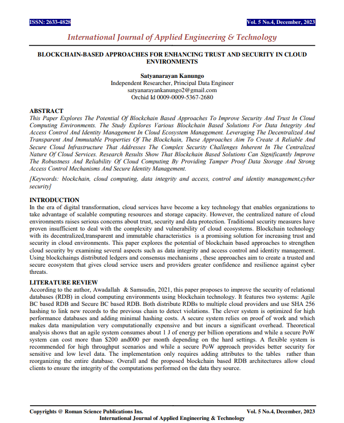Article: Blockchain-Based Approaches for Enhancing Trust and Security in Cloud Environments